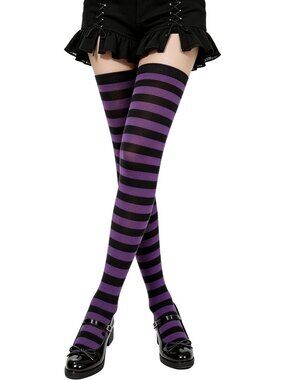 Women's Purple Black Pumpkin Striped Thigh High Over Knee Halloween Socks